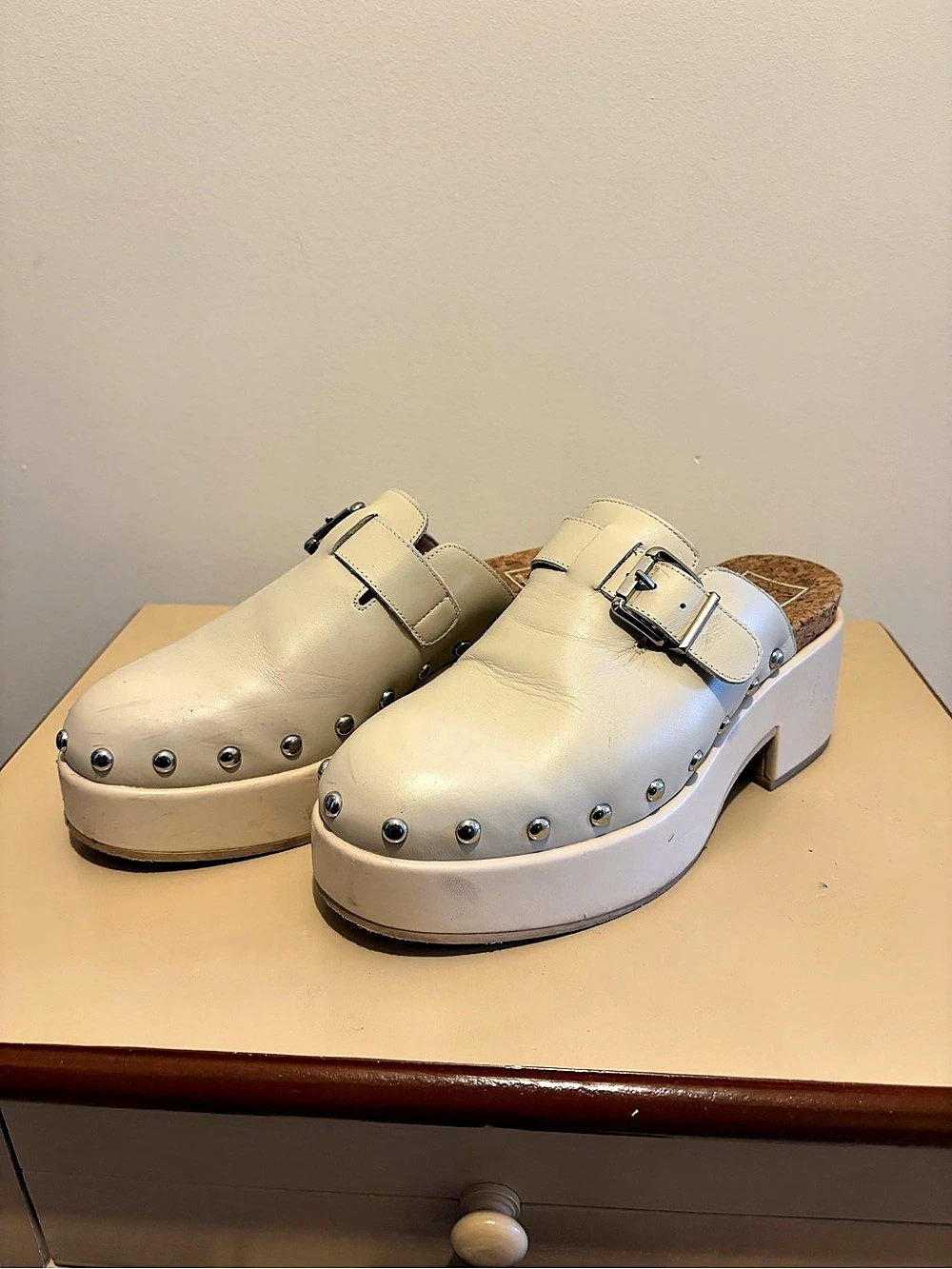 Shoe Biz Platform Studded Clogs in Cream Like New